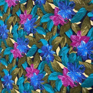 Vintage Fabric Tropical Floral Flowers Blue‎ Fuchsia Teal Green 51" X 56"